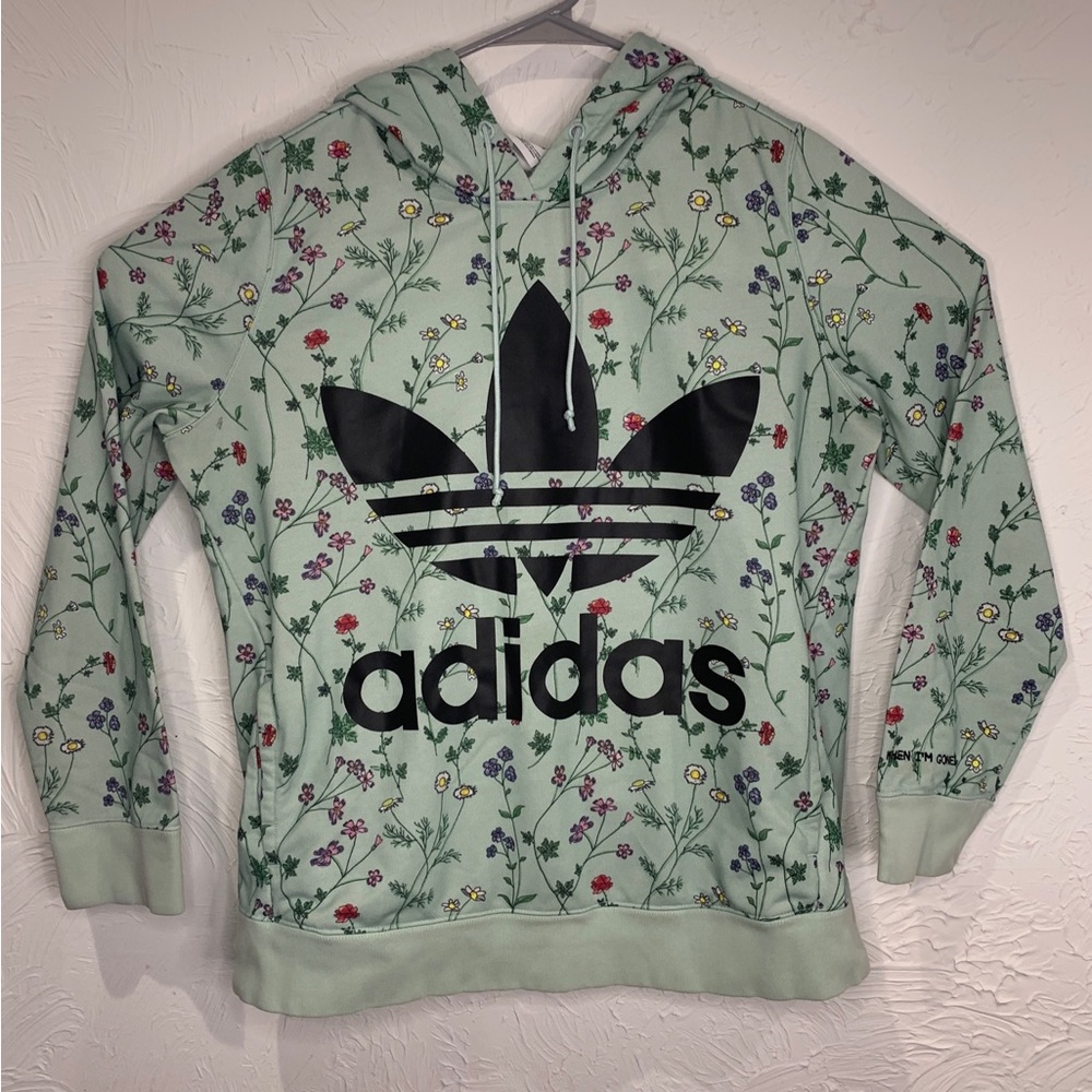 Adidas 3 Stripes Womens Sweatshirt Pullover Hoodie Floral Teal Size Medium